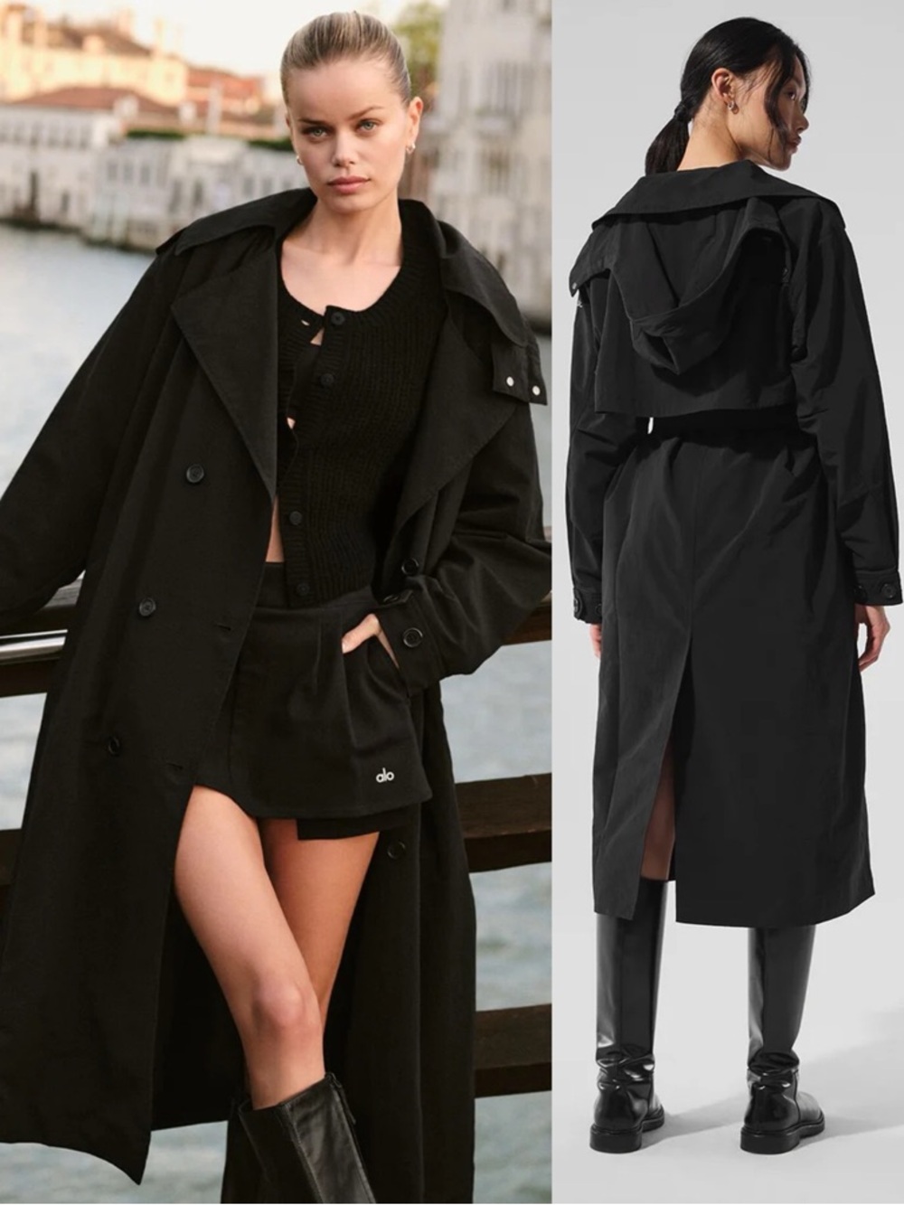 ALO Yoga Daybreak Long Coat Black Hooded Detachable Belt NEW with tag